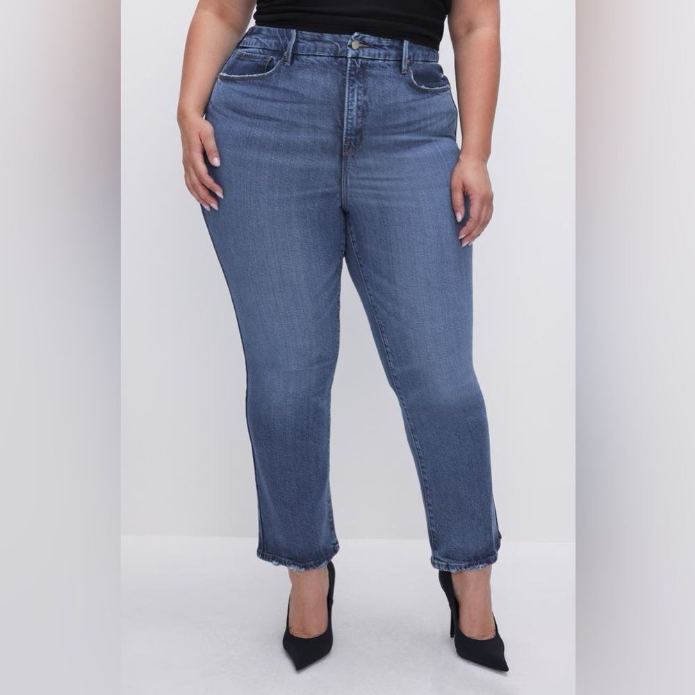 Good American Good Legs Raw Hem Straight Jeans Blue Denim Estimated Size 14/32